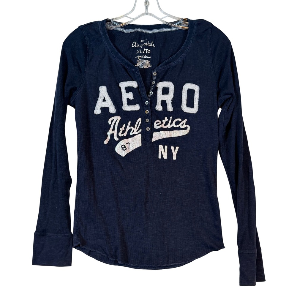 Aeropostale Womens XL Navy Blue L/S Y2K Prep Henley Aero Athletics 87 NY Graphic
